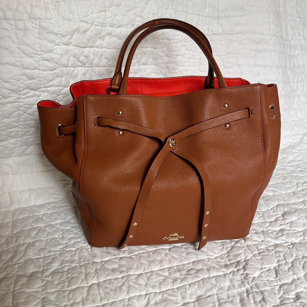 Coach Turnlock Tie Strap Tote Tan Orange Leather